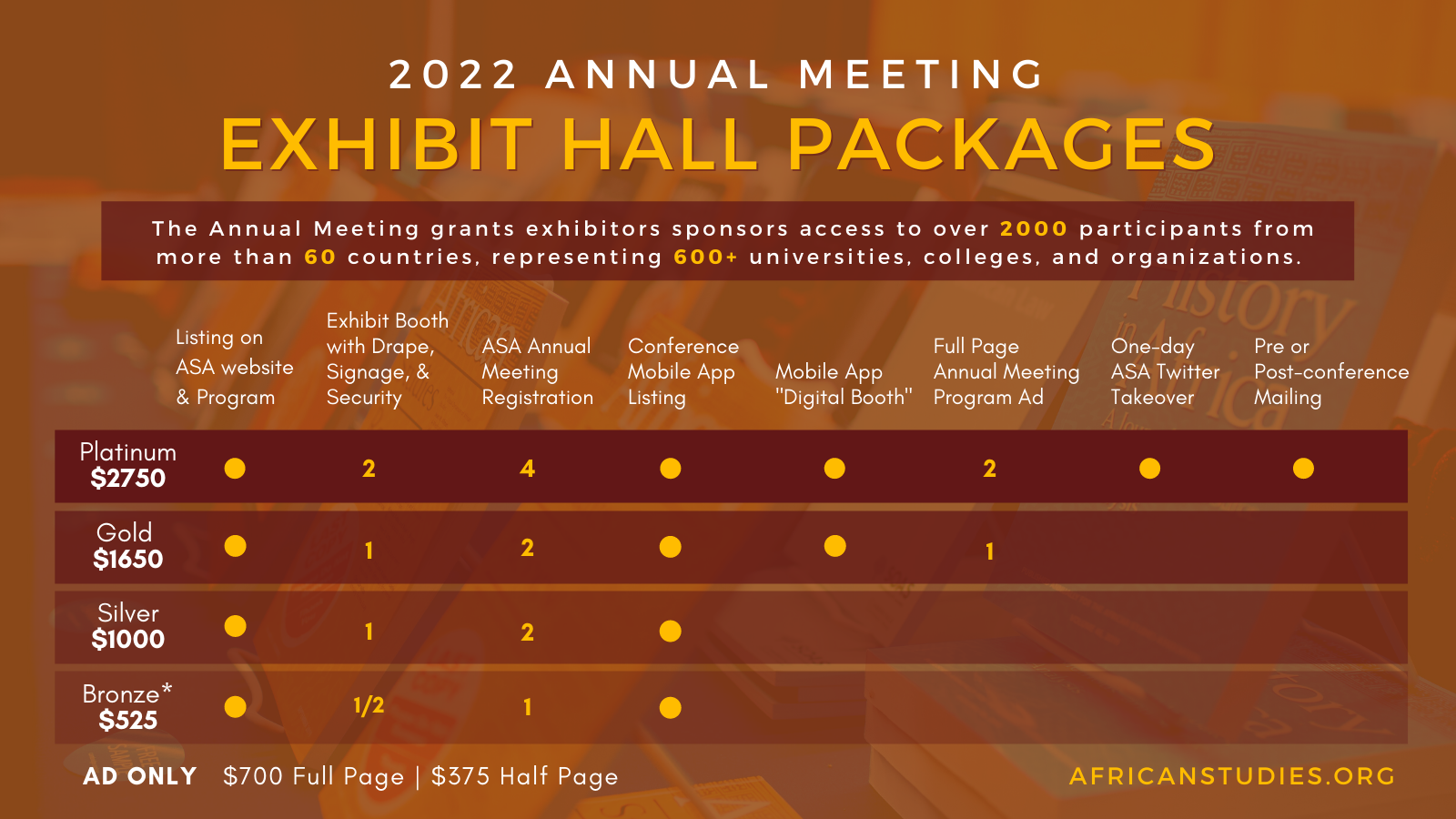 Graphic showing exhibit hall packages. Please email members@africanstudies.org for written information. 